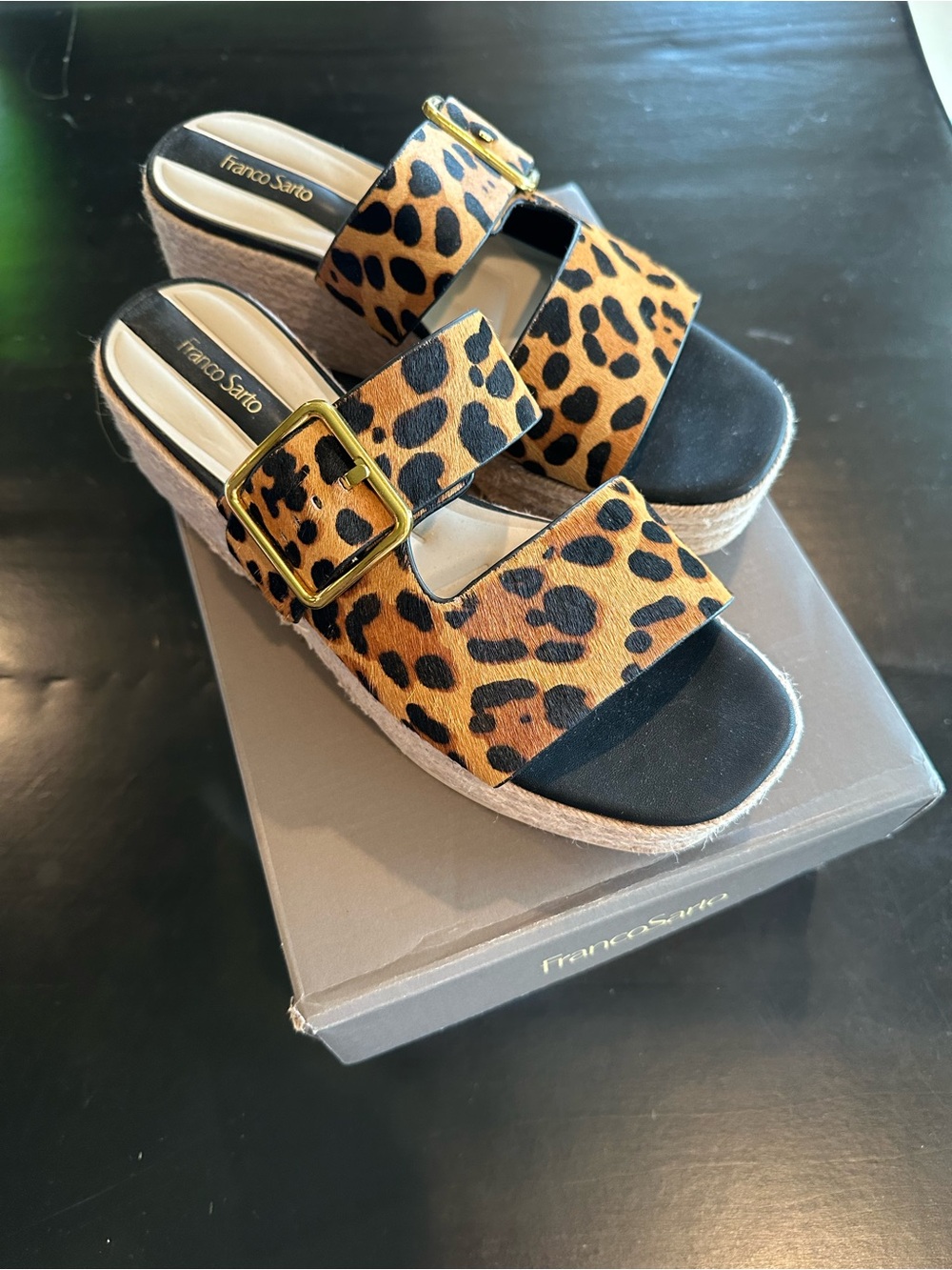 Franco Sarto Leopard-Print Wedge Sandals with Gold Buckles